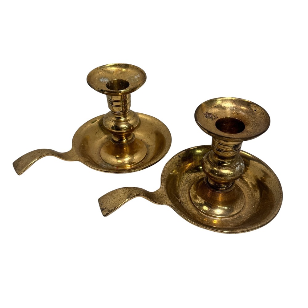 Brass Chamberstick Taper Candle Holders with Finger Loops Set of 2 vintage